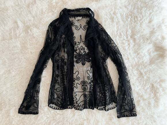 Chico's Jackets & Blazers - Chico's Black Sheer Mesh Embroidered Floral Open Front Blouse/Jacket